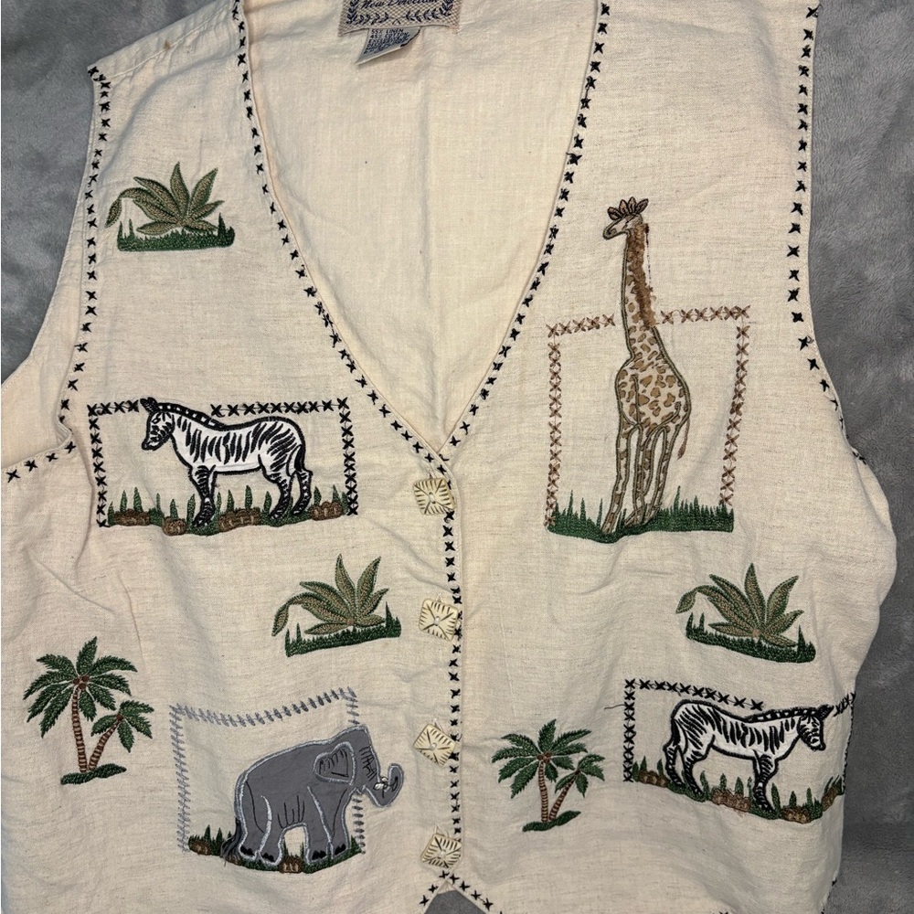 New Directions Cream Linen-Cotton Blend Vest animal safari